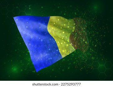 Romania, on vector 3d flag on green background with polygons and data numbers