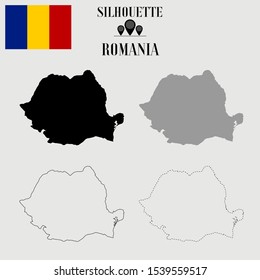 Romania outline world map, solid, dash line contour silhouette, national flag vector illustration design, isolated on background, objects, symbol from countries set