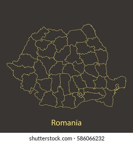 Romania outline,stroke of map with administrative division. Vector illustration