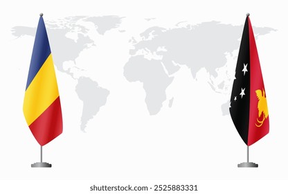 Romania and Papua New Guinea flags for official meeting against background of world map.