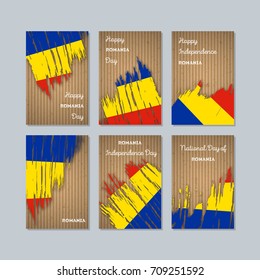 Romania Patriotic Cards for National Day. Expressive Brush Stroke in Flag Colors on kraft paper background. Vector Greeting Card.