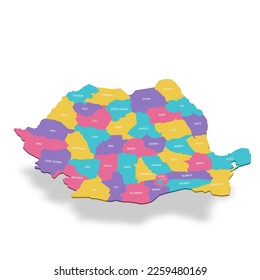 Romania political map of administrative divisions - counties and autonomous municipality of Bucharest. 3D colorful vector map with name labels.