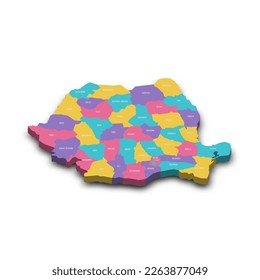 Romania political map of administrative divisions - counties and autonomous municipality of Bucharest. Colorful 3D vector map with dropped shadow and country name labels.