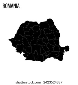 Romania political map of administrative divisions - counties and autonomous municipality of Bucharest. Blank black map and country name title.