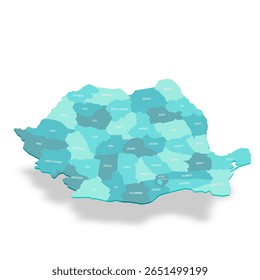 Mapa político da Romênia de divisões administrativas - condados e município autônomo de Bucareste. Mapa de vetor turquesa 3D com rótulos de nome.
