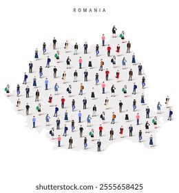 Romania population map. Large group of realistic a diverse crowd of people figures in a shape of Romanian map. Flat vector illustration isolated on white.