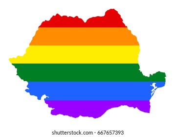 Romania pride gay vector map with rainbow flag colors. Europe country. EU state. 