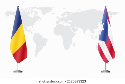 Romania and Puerto Rico flags for official meeting against background of world map.