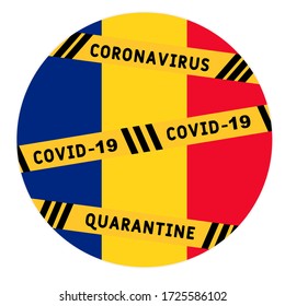 Romania quarantine and extraordinary emergency measures under pandemic virus. stop coronavirus covid-19 yellow border tape on Romania  flag background. vector illustration