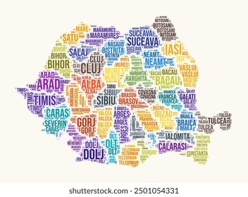 Nube de palabras de las regiones de Rumania. Diseño del logotipo de Country. Regiones tipografía estilo Vector Imagen. Nube de texto coloreada de Rumania. Ilustración vectorial artística.