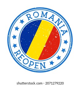 Romania Reopening Stamp. Round badge of the country with the flag of Romania. Reopening after lockdown sign. Vector illustration.
