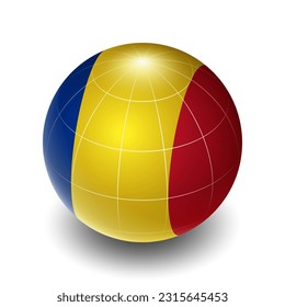 Romania (RO) (Romanian) National Flag 2.5D Isometric View, Metallic Sphere Ball Globe Design, Flag Symbol Isolated on White Background