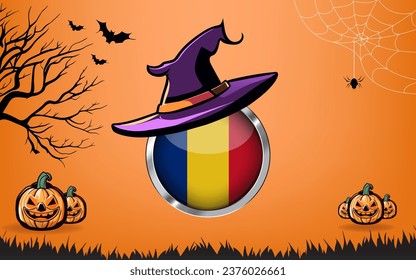 Romantische Rundfahne mit Happy Halloween Banner oder Party-Einladung-Hintergrund. Fledermäuse, Spinnen und Kürbis, orangefarbener Hintergrund