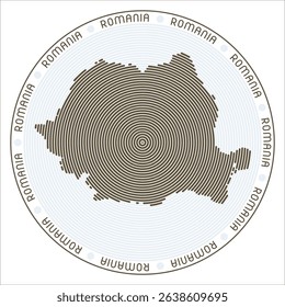 Romania round logo design. Country shape built of rings. Romania text around the country. Vector illustration.