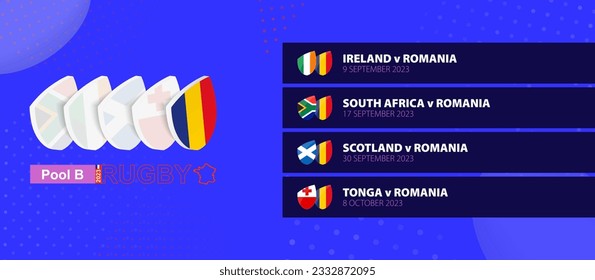 Romania rugby national team schedule matches in group stage of international rugby competition. Vector set.