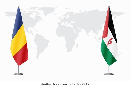 Rumania y la República Árabe Saharaui Democrática banderas para la reunión oficial en el contexto del mapa mundial.