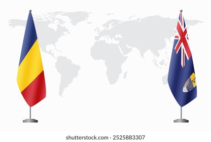 Rumänien und St. Helena Flaggen für offizielle Treffen vor dem Hintergrund der Weltkarte.