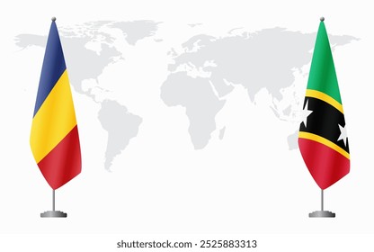 Rumänien und St. Kitts und Nevis Flaggen für offizielle Treffen vor dem Hintergrund der Weltkarte.