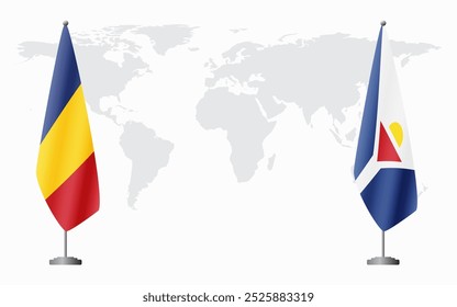 Romania and Saint Martin flags for official meeting against background of world map.