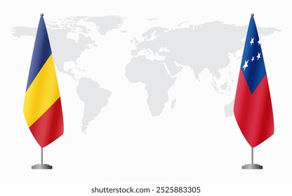 Romania and Samoa flags for official meeting against background of world map.