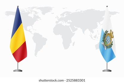 Romênia e San Marino bandeiras para reunião oficial contra fundo do mapa do mundo.