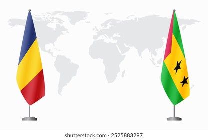 Romênia e São Tomé e Príncipe bandeiras para reunião oficial contra fundo do mapa do mundo.