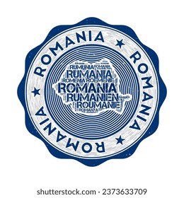 Sello de Rumania. Logotipo de campo con forma de Rumania y nombre de país en varios idiomas wordcloud. Símbolo atractivo. Magnífica ilustración vectorial.