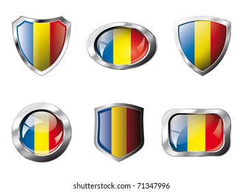 Romania set shiny buttons and shields of flag with metal frame - vector illustration. Isolated abstract object against white background.