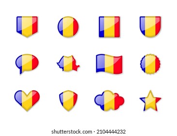 Romania - set of shiny flags of different shapes. Vector illustration