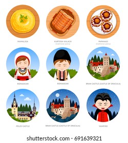 Romania. Set of traditional cultural symbols, cuisine, architecture, attractions. Collection of round flat illustrations for guide book. Romanians in national clothes. Vector.