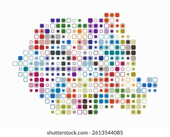 Romania, shape of the country build of colored cells. Digital style map of the Romania on white background. Large size rounded square blocks. Amazing vector illustration.