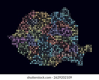Roemenië, vorm van het land bouwen van gekleurde cellen. Digitale stijlkaart van Roemenië op donkere achtergrond. Kleine cirkelblokken. Verbazingwekkende vectorillustratie.