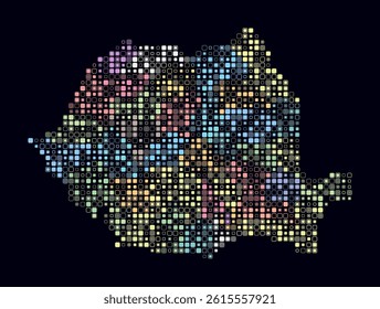 Romania, shape of the country built of colored cells. Digital style map of Romania on dark background. Small size rounded square blocks. Vibrant vector illustration.