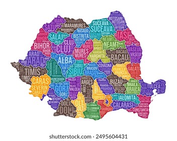 Romania shape. Country word cloud with region division. Romania colored illustration. Region names cloud. Vector illustration.