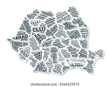 Romania shape text cloud. Country border with shadow on white background. Romania with regions division in vintage gazette style. Artistic vector illustration.