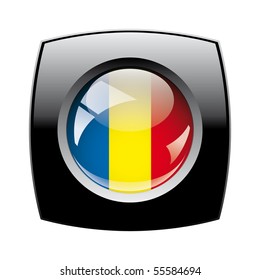 Romania shiny button flag with black frame -  vector illustration. Isolated abstract object against white background.