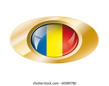 Romania shiny button flag with golden ring vector illustration. Isolated abstract object against white background.