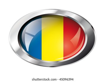 romania shiny button flag vector illustration. Isolated abstract object against white background.