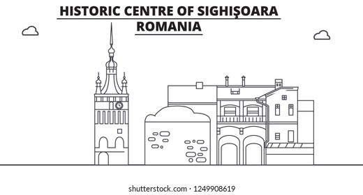 Romania - Sighisoara travel famous landmark skyline, panorama, vector. Romania - Sighisoara linear illustration