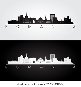Romania skyline and landmarks silhouette, black and white design, vector illustration.