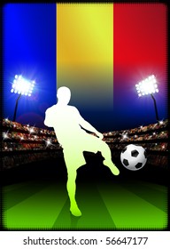 Romania Soccer Player with Flag on Stadium Background Original Illustration