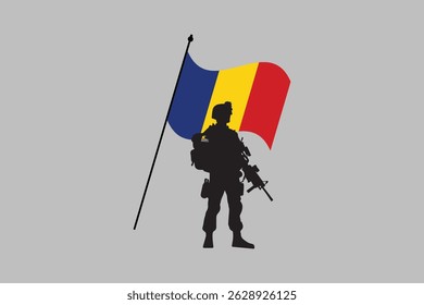 Romania soldier with flag, Romania flag vector graphic, Romania country flag is a symbol of freedom, National Romania flag, vector illustration
