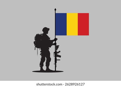 Romania soldier with flag, Romania flag vector graphic, Romania country flag is a symbol of freedom, National Romania flag, vector illustration
