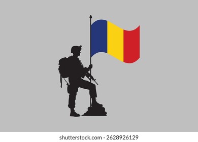 Romania soldier with flag, Romania flag vector graphic, Romania country flag is a symbol of freedom, National Romania flag, vector illustration
