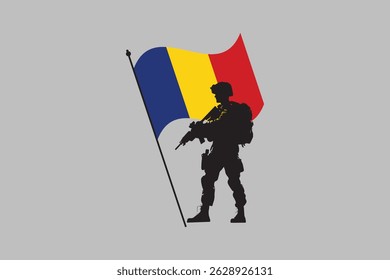 Romania soldier with flag, Romania flag vector graphic, Romania country flag is a symbol of freedom, National Romania flag, vector illustration
