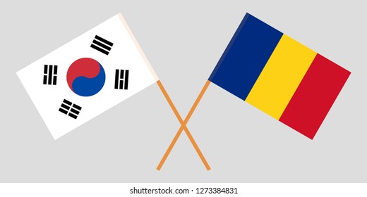 Romania and South Korea. The Romanian and Korean flags. Official proportion. Correct colors. Vector illustration