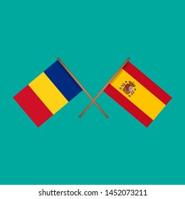 Romania and Spain crossed flags.Language learning or travel concept. flat design.