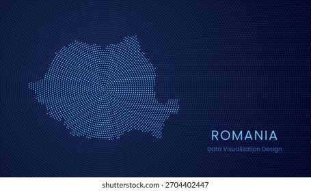 Romania stylized dotted map in modern circular data tech visualization concept.