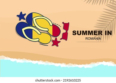 Romania summer holiday vector banner, beach vacation concept, flip flops sunglasses starfish on sand, copy space area, Romania summer travel and tourism idea with flag