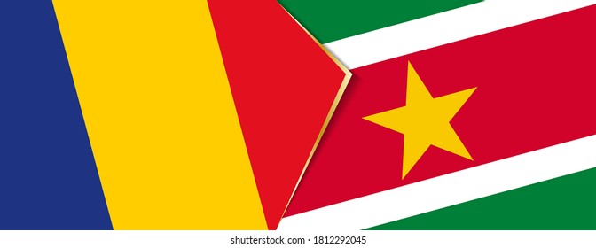 Romania and Suriname flags, two vector flags symbol of relationship or confrontation.